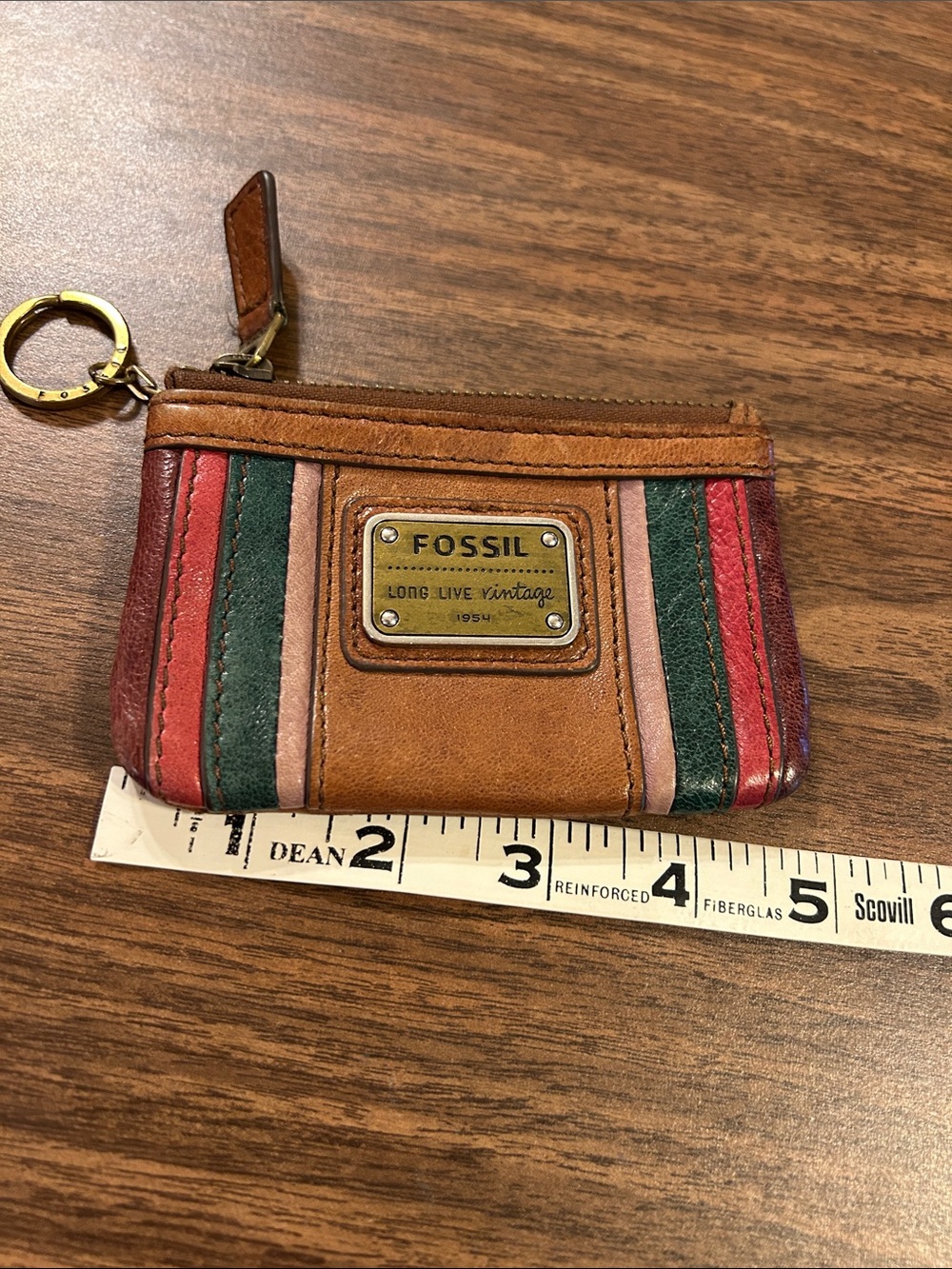 Fossil Tan Leather Striped Zip Card Case with Keyring